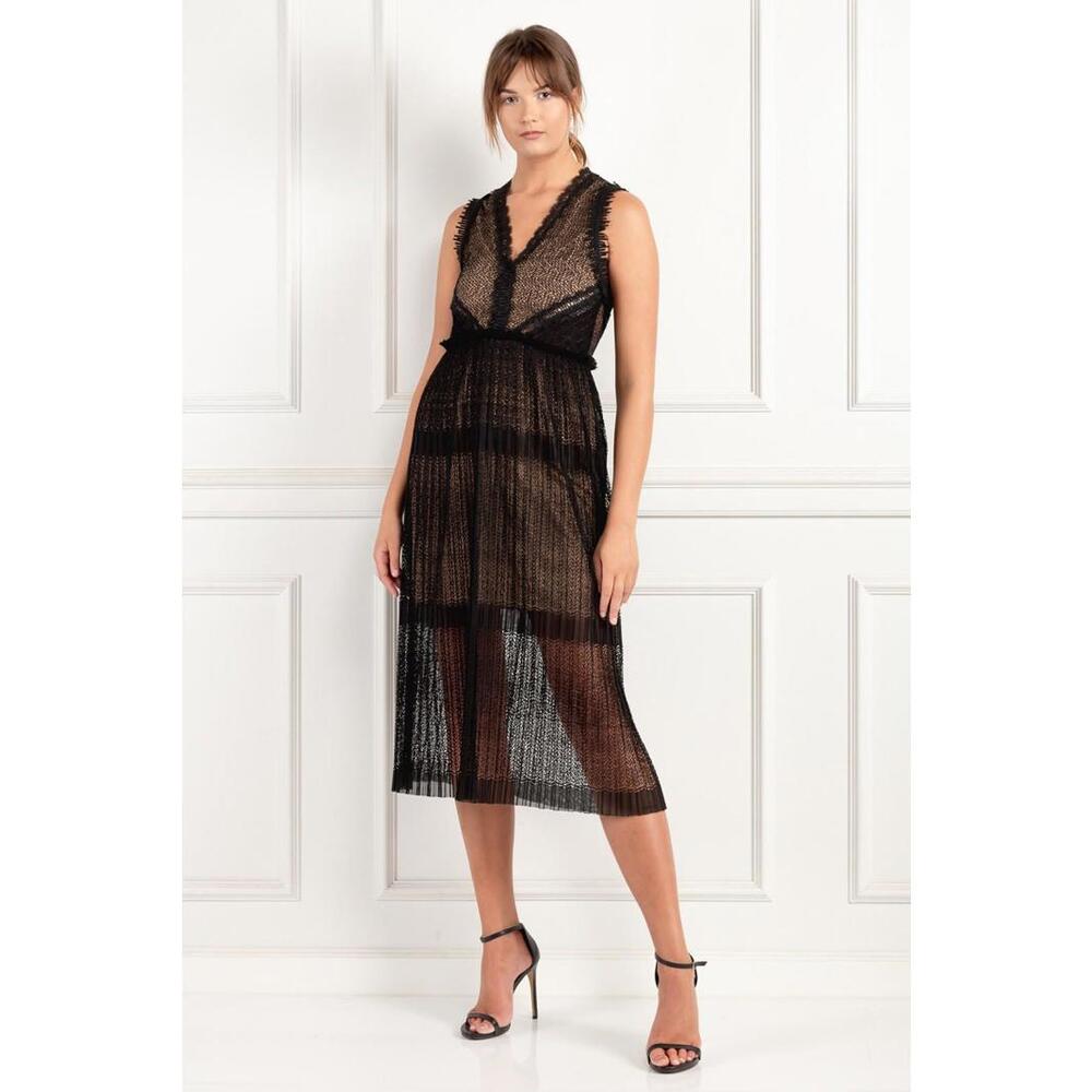 Alexis Women’s Bryana Sleeveless Plisse Lace Midi Cocktail Dress Sz L